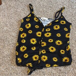 Yellow Sunflower Print Black Button-Front Cami Top